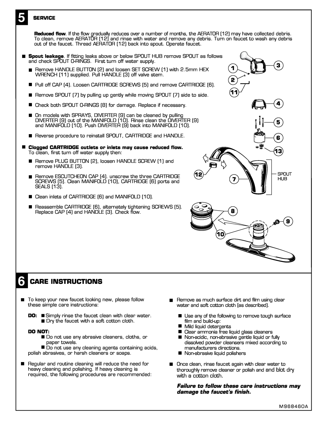 American Standard 4241, 4243 installation instructions Care Instructions, with a cotton cloth, Service, Do Not 
