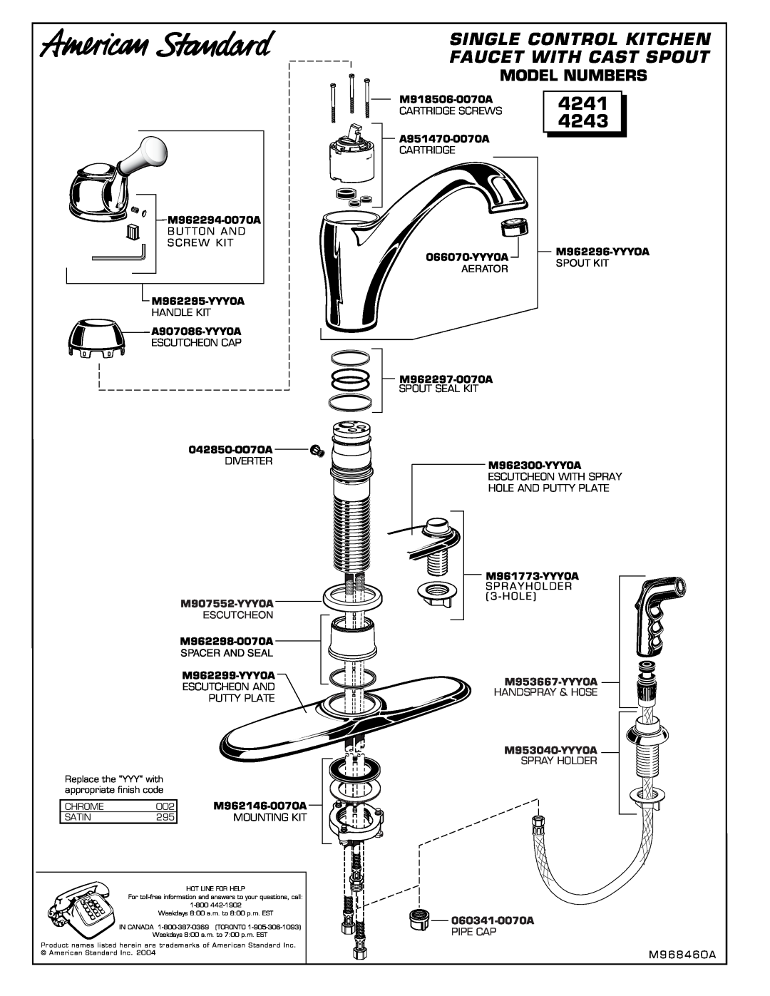 American Standard 4243 Model Numbers, 4241, Single Control Kitchen Faucet With Cast Spout, M907552-YYY0A, Escutcheon 