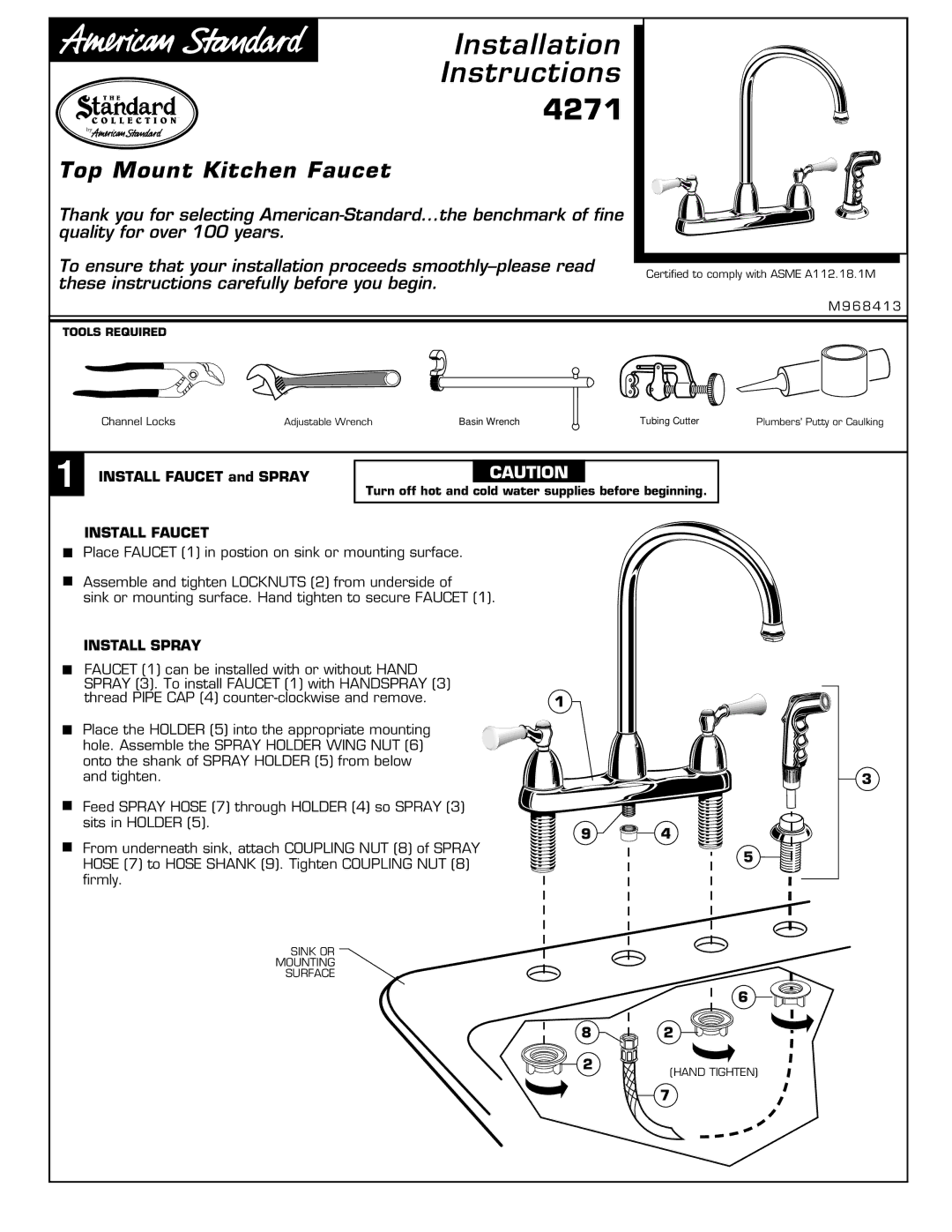 American Standard 4271 installation instructions Install Faucet, Install Spray 