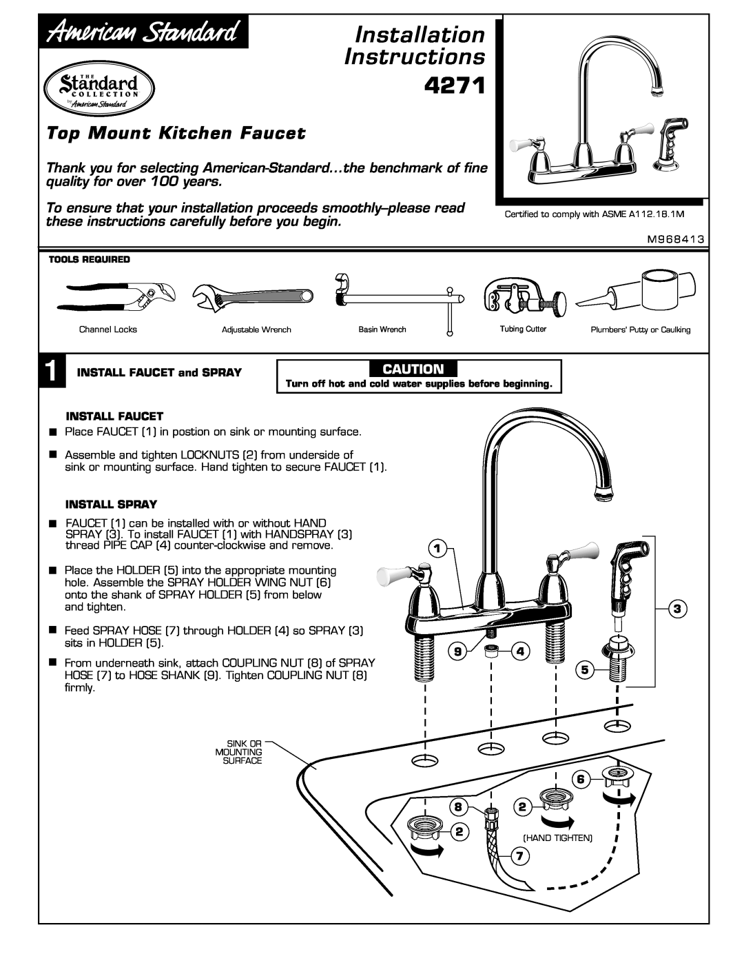 American Standard 4271 installation instructions Top Mount Kitchen Faucet, Installation Instructions 