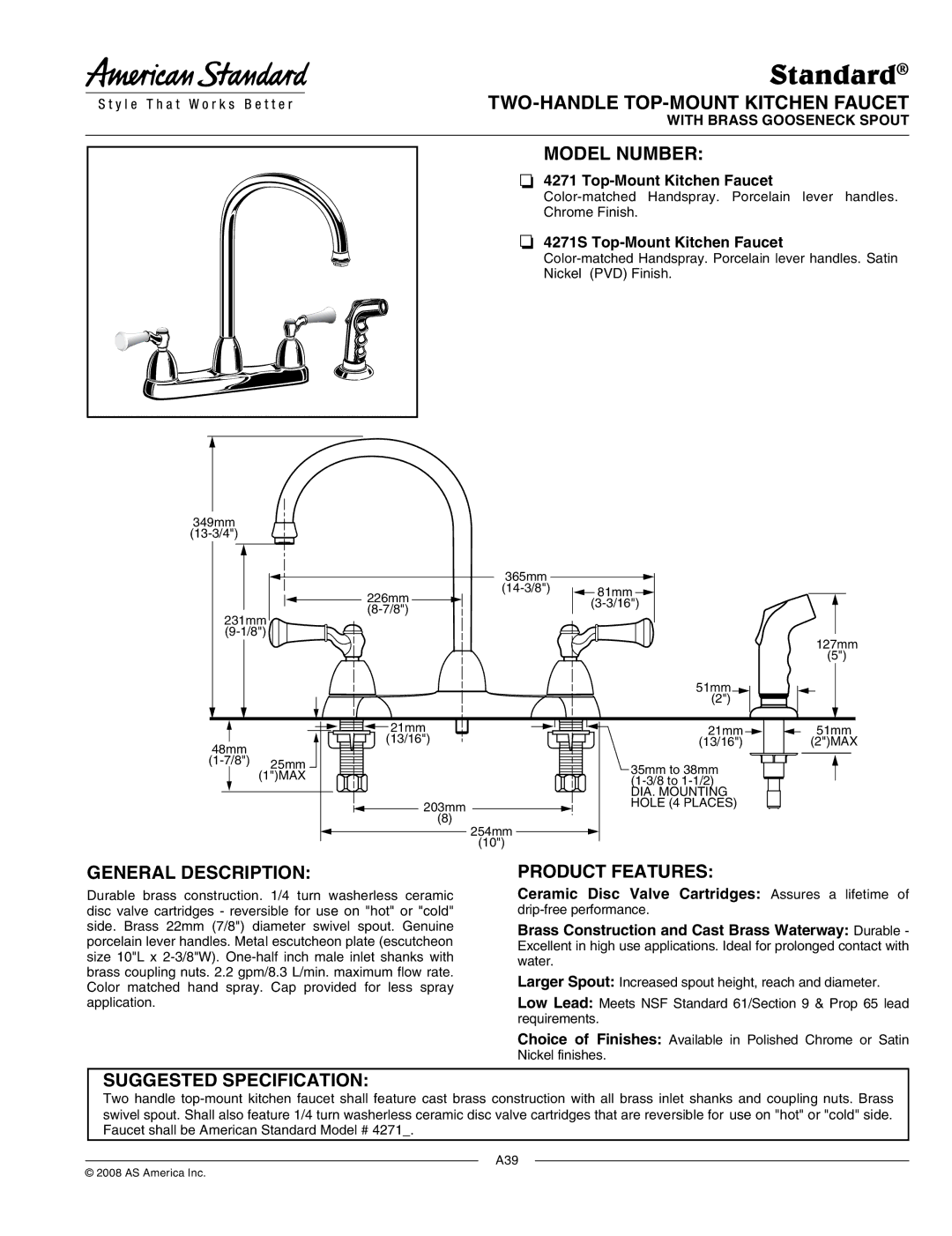 American Standard 4271S manual Standard, TWO-HANDLE TOP-MOUNT Kitchen Faucet, Model Number 