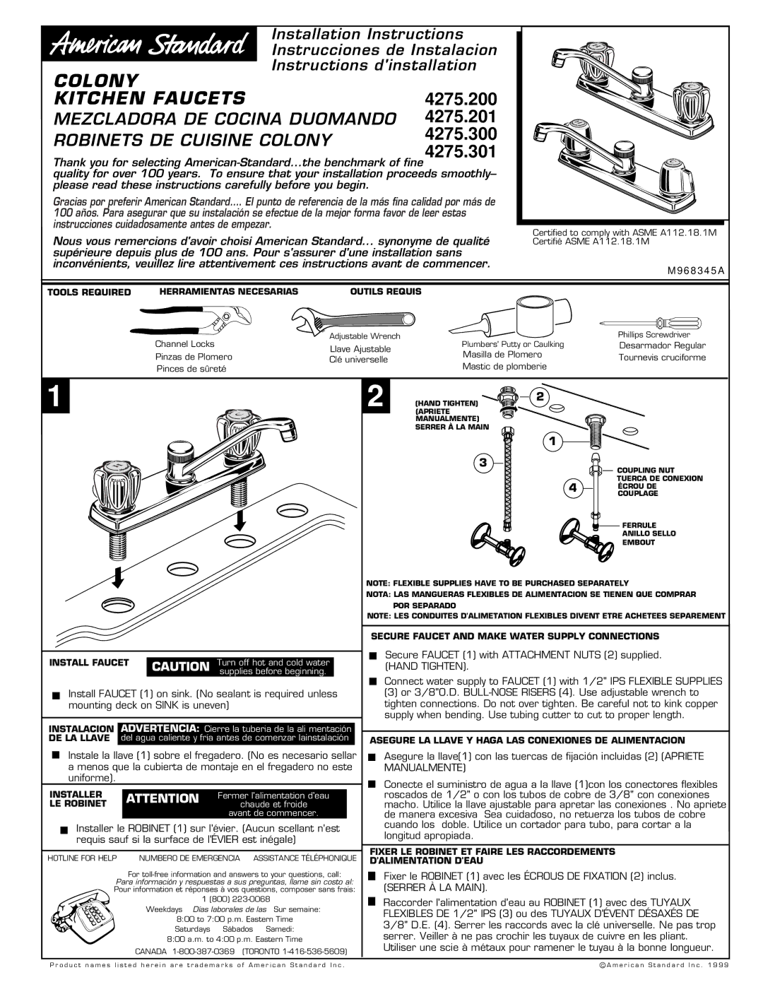 American Standard 4275.200 installation instructions Tools Required, Secure Faucet and Make Water Supply Connections 