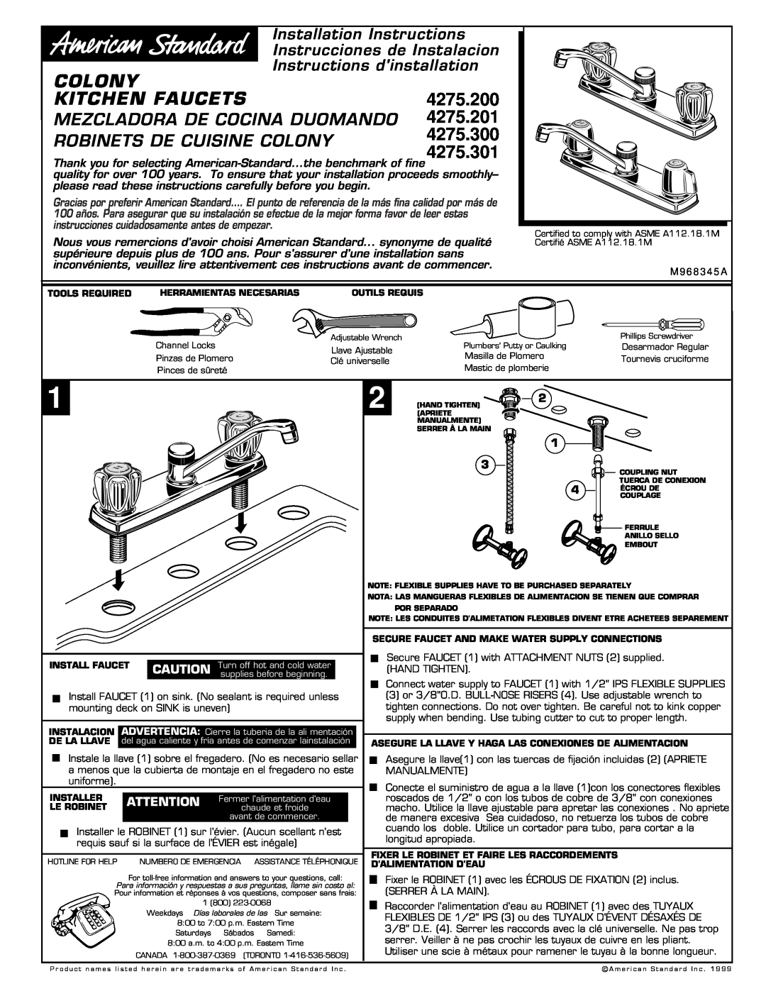 American Standard 4275.200 installation instructions Colony, Kitchen Faucets, 4275.201, 4275.300, 4275.301 