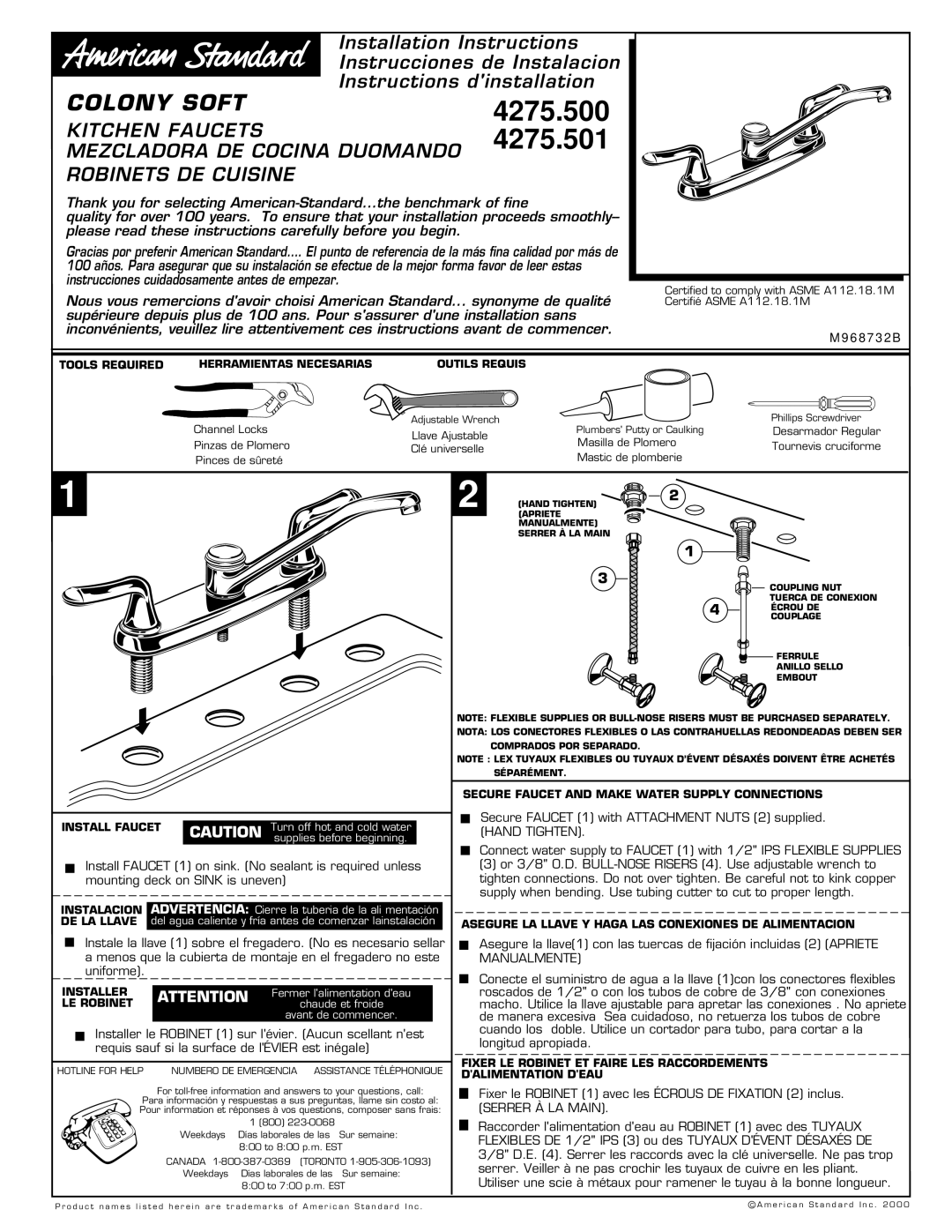 American Standard 4275.500, 4275.501 installation instructions 