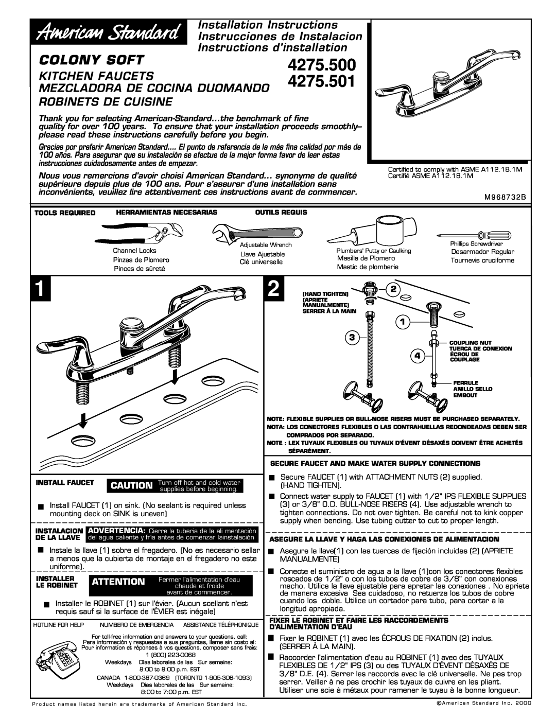 American Standard 4275.500 installation instructions 4275.501, Colony Soft, Installation Instructions, Kitchen Faucets 