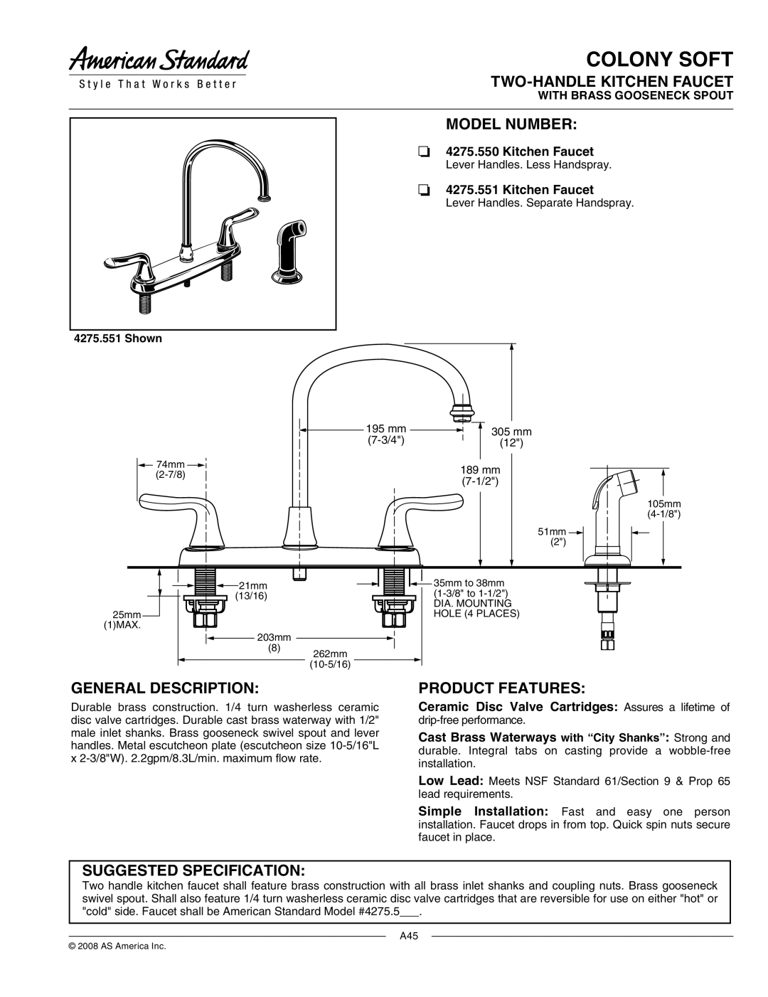 American Standard 4275.550 manual Colony Soft, TWO-HANDLE Kitchen Faucet, Model Number, General Description 