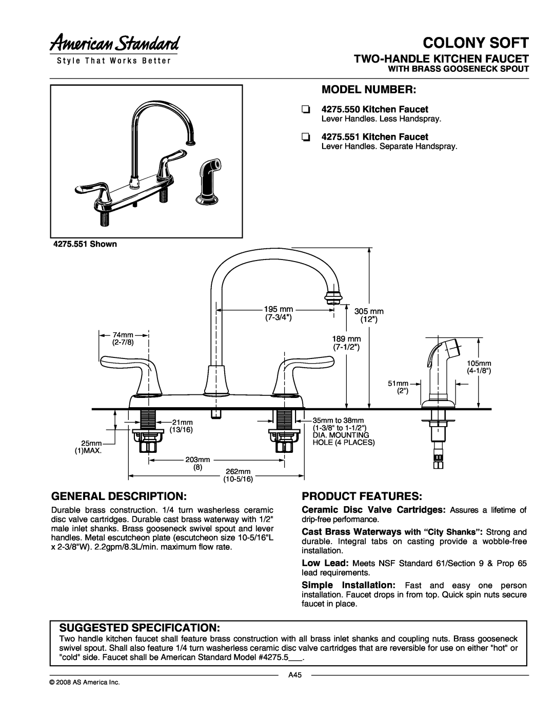 American Standard 4275.550 manual Colony Soft, Two-Handle Kitchen Faucet, Model Number, General Description, Shown 