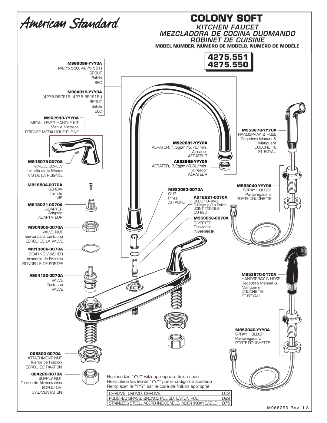 American Standard Kitchen Faucet manual Colony Soft, 4275.551 4275.550 