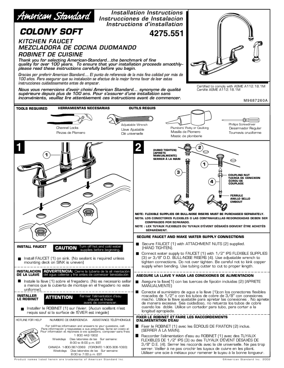 American Standard 4275.551 installation instructions Tools Required, Install Faucet, Installer, LE Robinet 