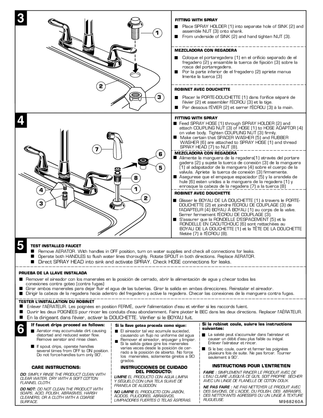 American Standard 4275.551 Care Instructions, Instrucciones DE Cuidado DEL Producto, Instructions Pour Lentretien 