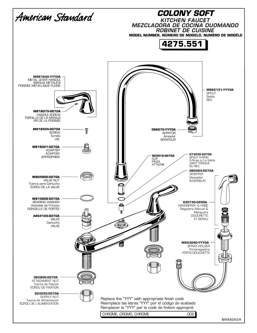 American Standard 4275.551 installation instructions Model NUMBER, Número DE MODELO, Numéro DE Modèle, M961642-YYYOA 