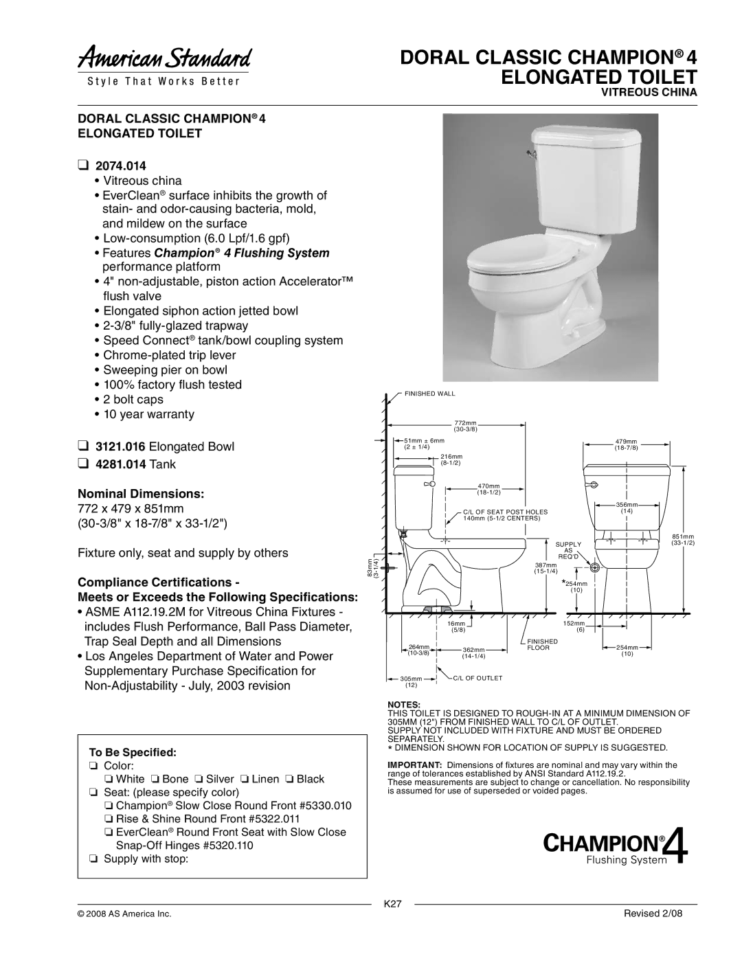 American Standard 2074.014, 4281.014 dimensions Doral Classic Champion Elongated Toilet, Tank Nominal Dimensions 