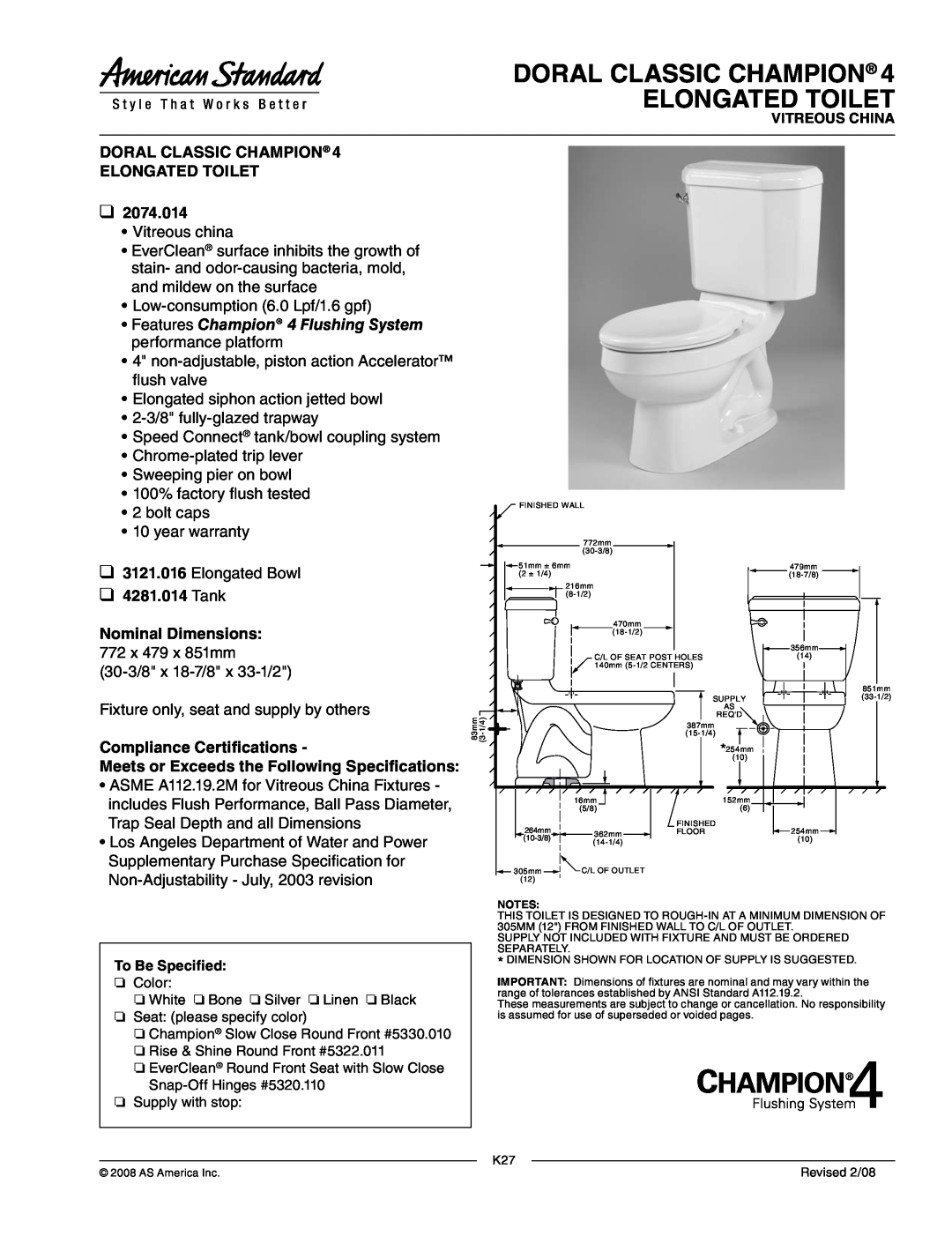 American Standard 2074.014, 4281.014 dimensions Doral Classic Champion Elongated Toilet, Tank Nominal Dimensions 