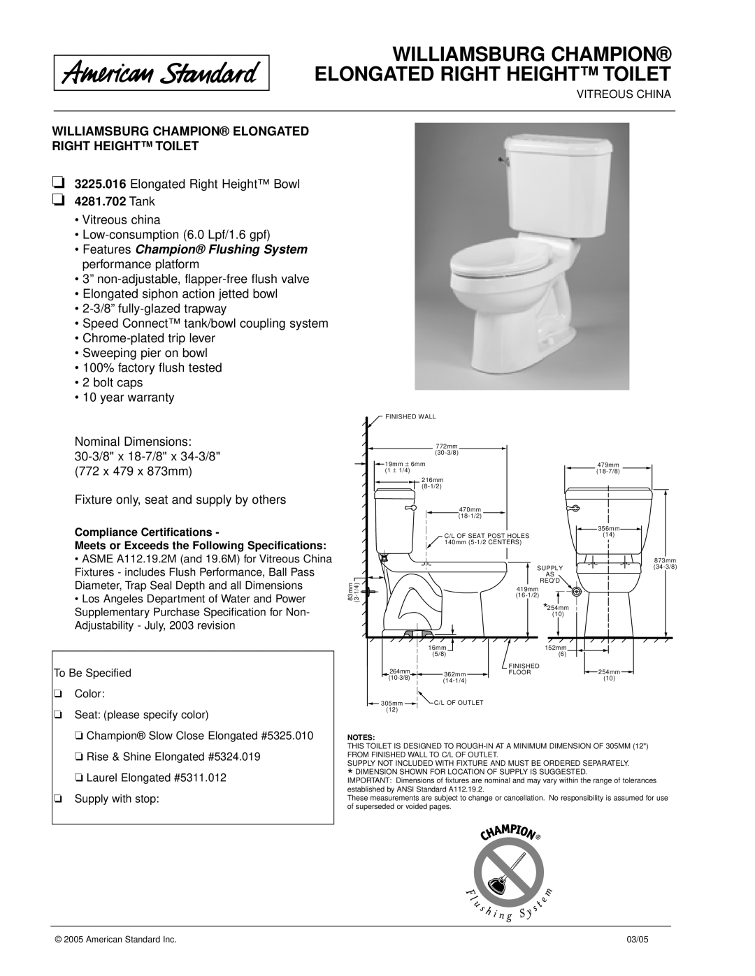 American Standard 4281.702 warranty Williamsburg Champion Elongated Right Height Toilet, Vitreous China 