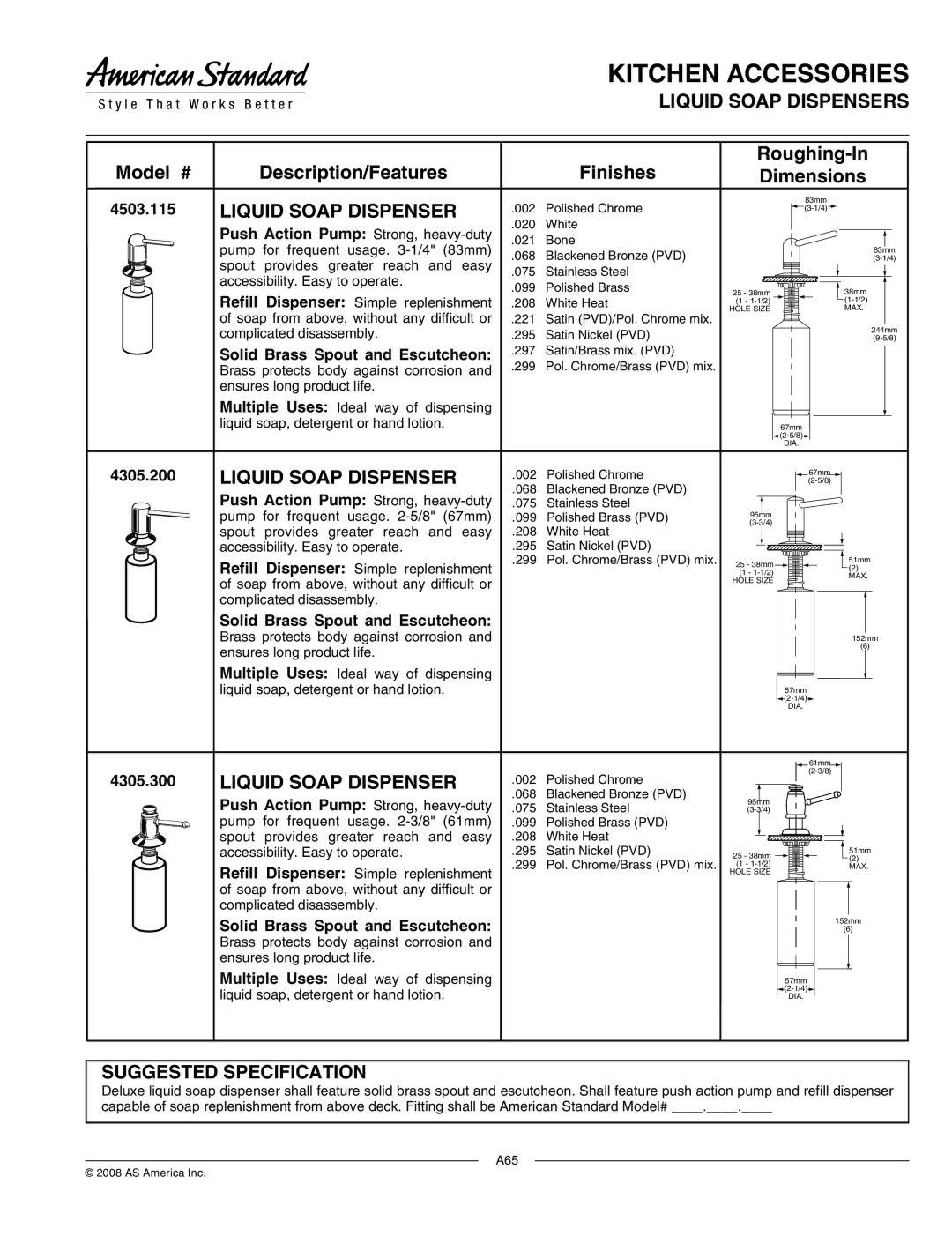 American Standard 4305.300, 4305.200, 4503.115 dimensions Liquid Soap Dispensers, Suggested Specification 