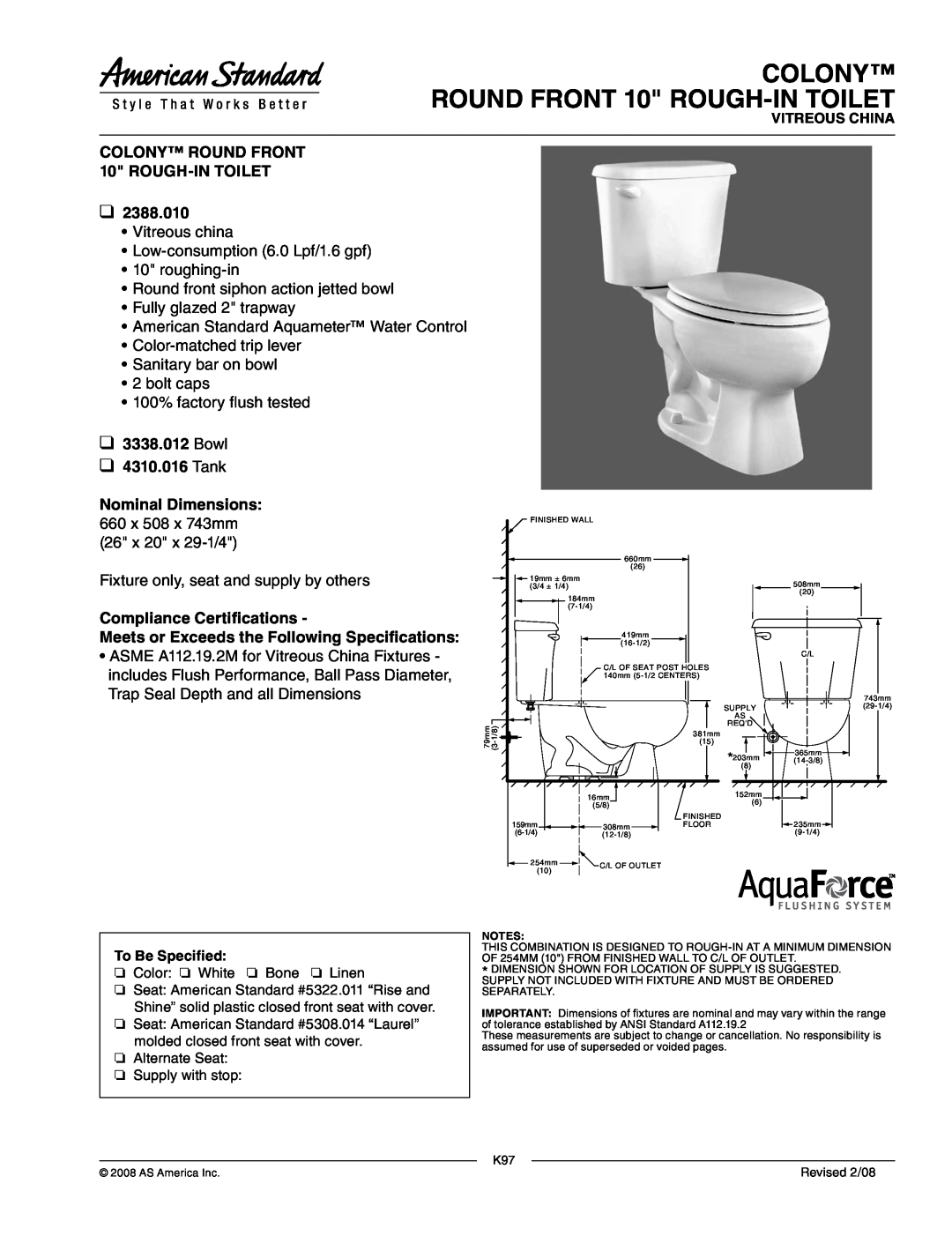 American Standard 2388.010 dimensions COLONY ROUND FRONT 10 ROUGH-INTOILET, Bowl 4310.016 Tank, Nominal Dimensions 