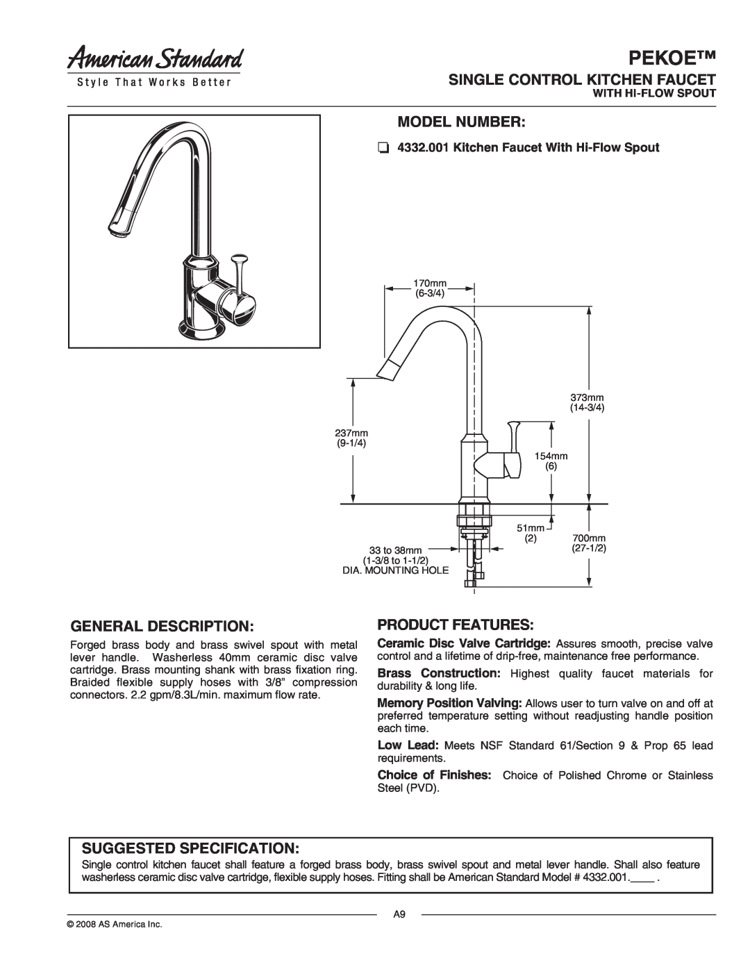 American Standard 4332.001 specifications Pekoe, Single Control Kitchen Faucet, Model Number, General Description 