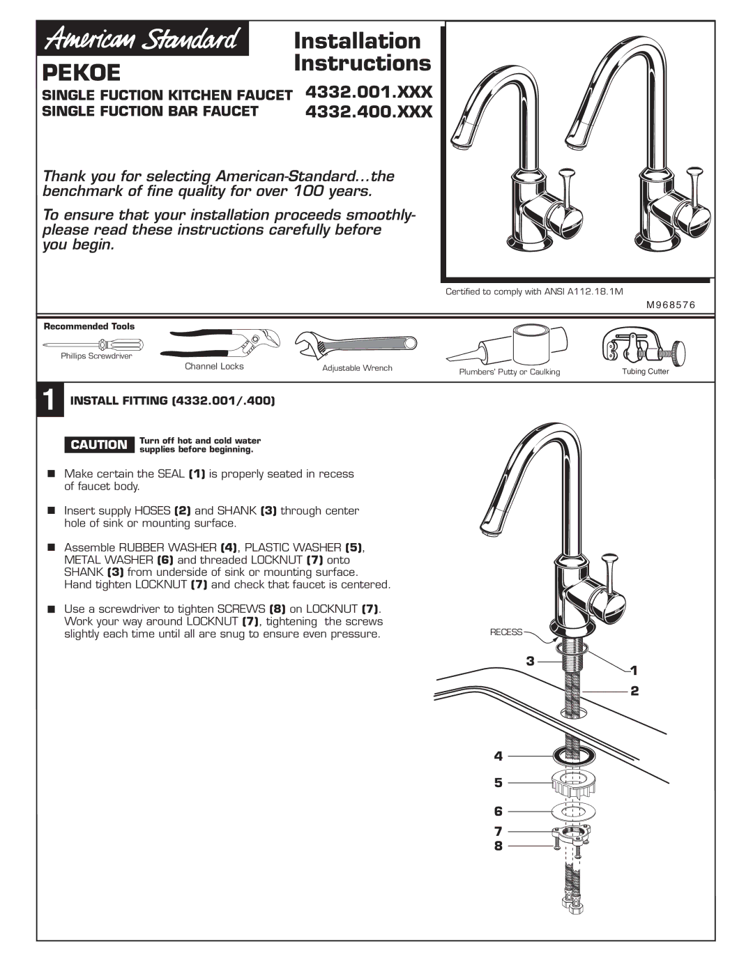 American Standard 4332.400.XXX, 4332.001.XXX installation instructions Pekoe, 6 8 5 7 