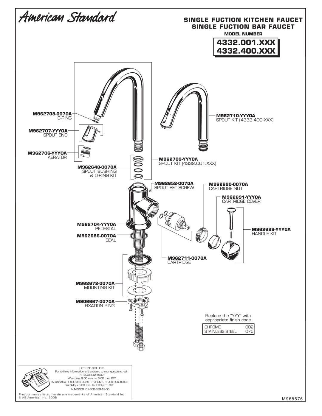 American Standard 4332.001.XXX, 4332.400.XXX Spout KIT, Replace the YYY with appropriate ﬁnish code 