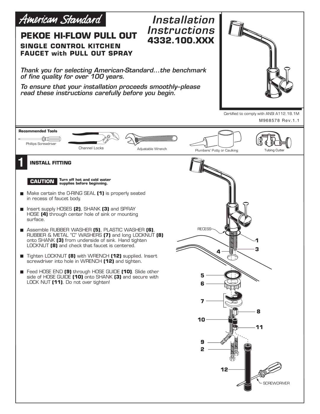 American Standard 4332.100.XXX installation instructions Instructions, Install Fitting 