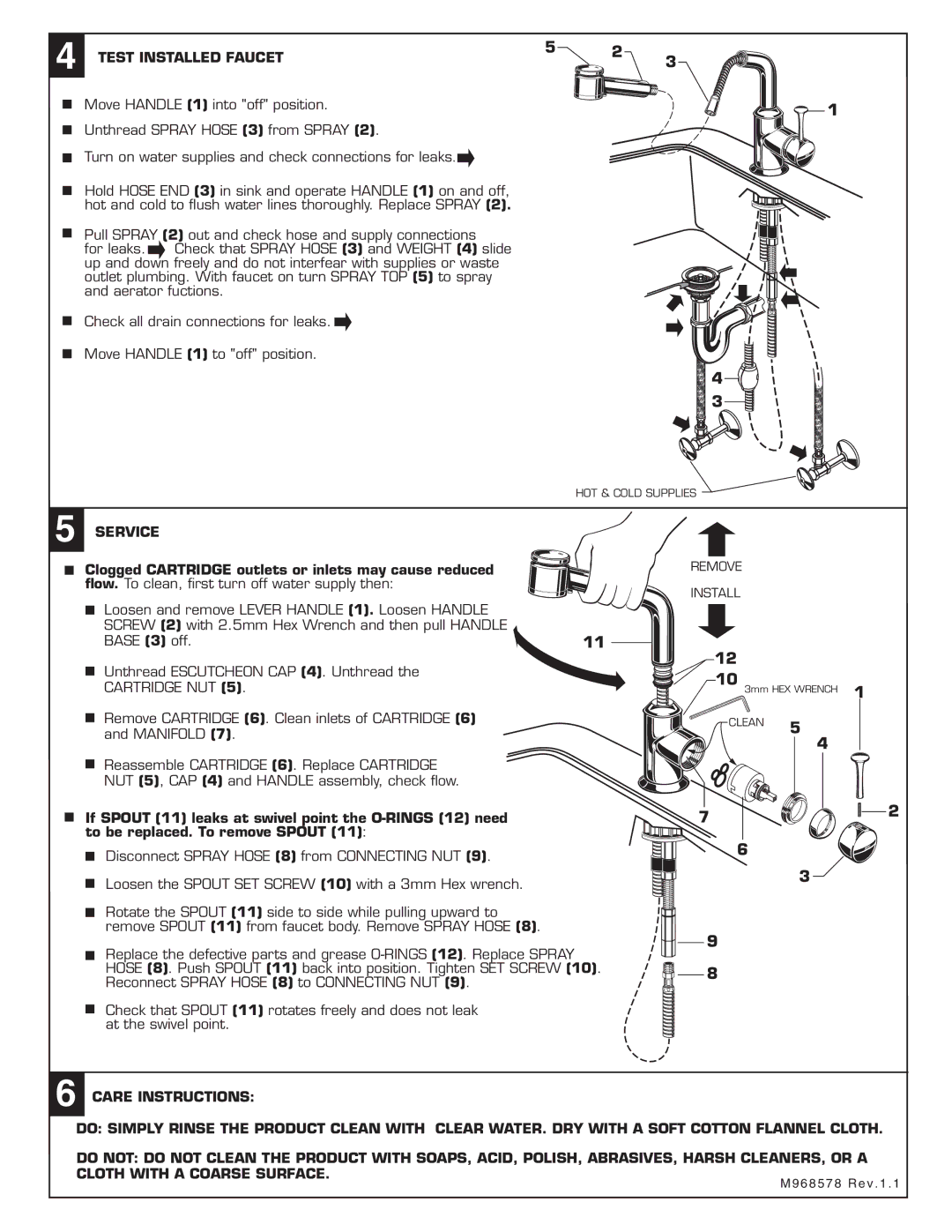 American Standard 4332.100.XXX Test Installed Faucet, Service, Clogged Cartridge outlets or inlets may cause reduced 