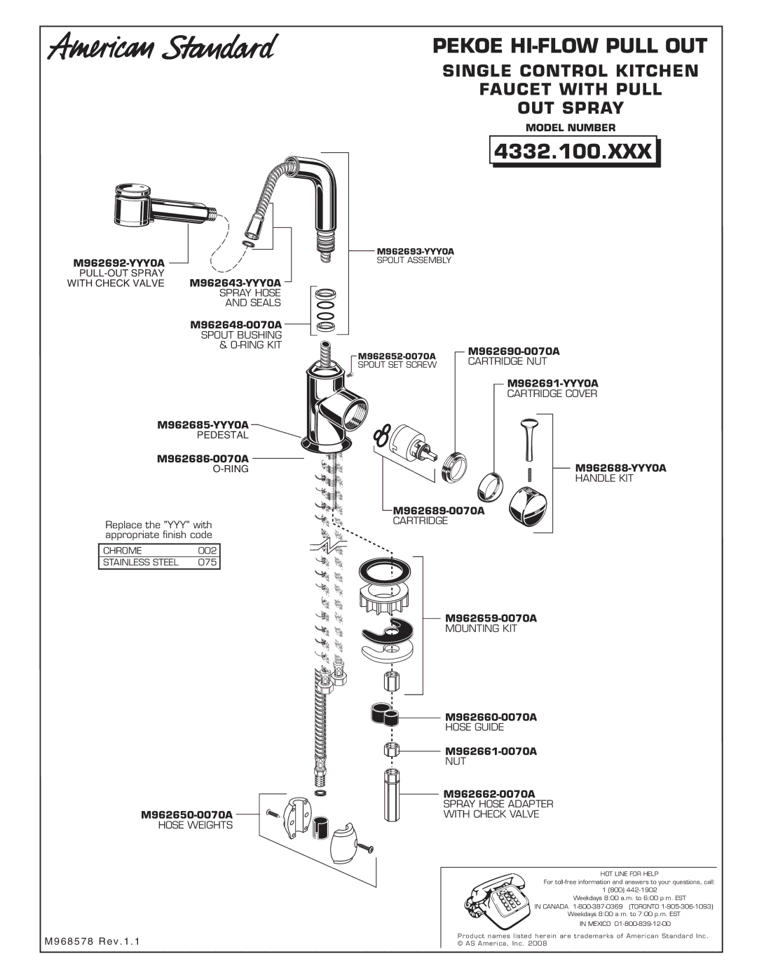 American Standard 4332.100.XXX installation instructions Single Control Kitchen Faucet with Pull OUT Spray 