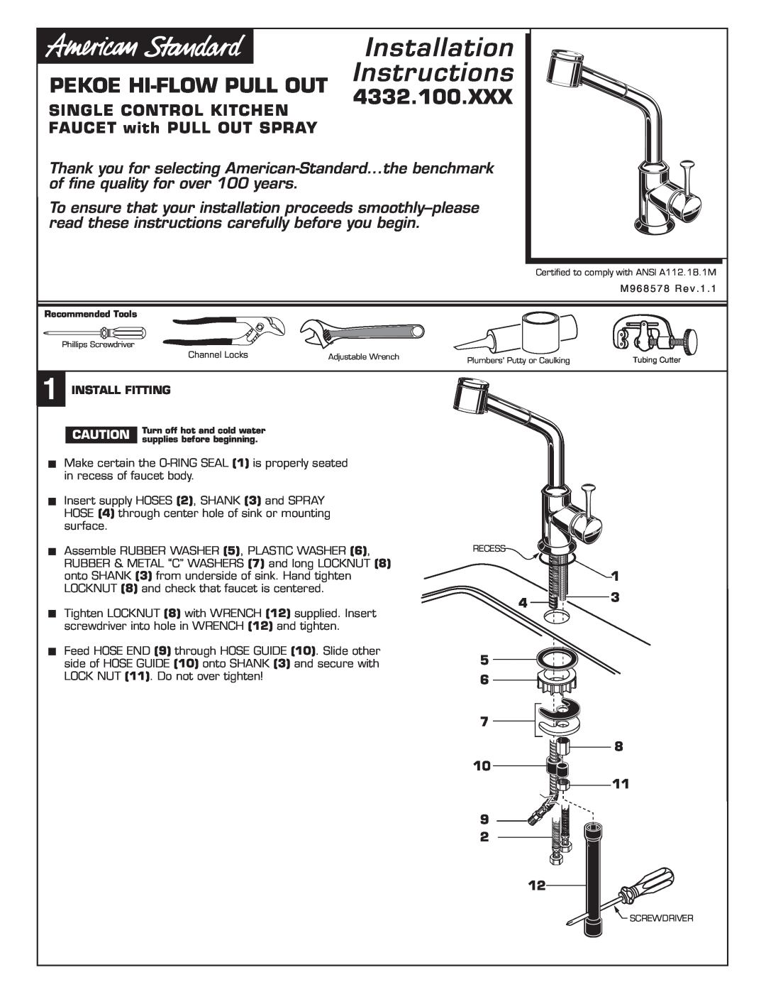 American Standard 4332.100.XXX installation instructions Pekoe Hi-Flowpull Out, Installation, Instructions 