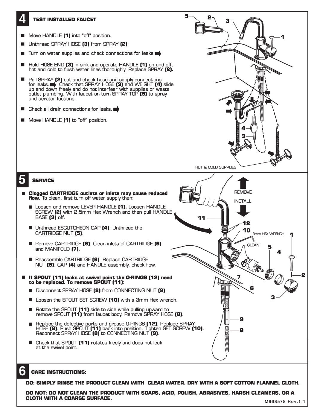 American Standard 4332.100.XXX installation instructions Test Installed Faucet 