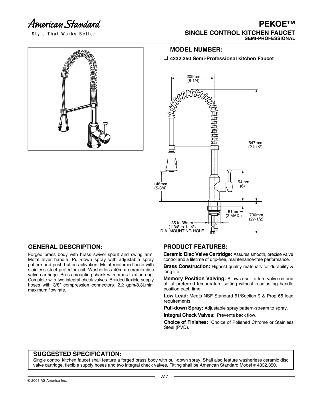 American Standard 4332.350 specifications Pekoe 