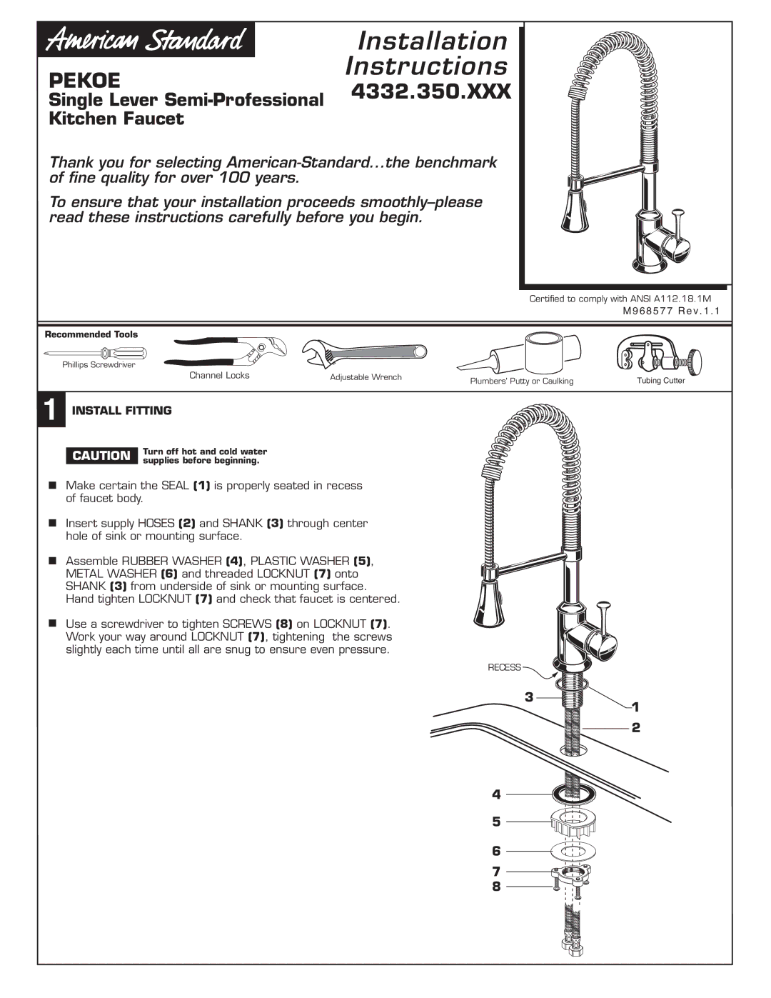 American Standard 4332.350.XXX installation instructions Instructions, Install Fitting 