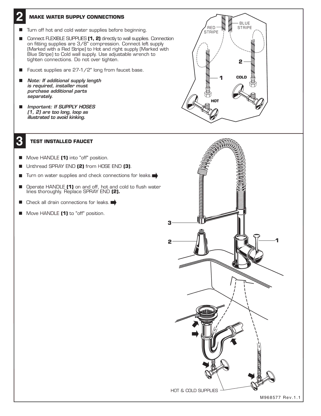 American Standard 4332.350.XXX installation instructions Make Water Supply Connections, Test Installed Faucet 