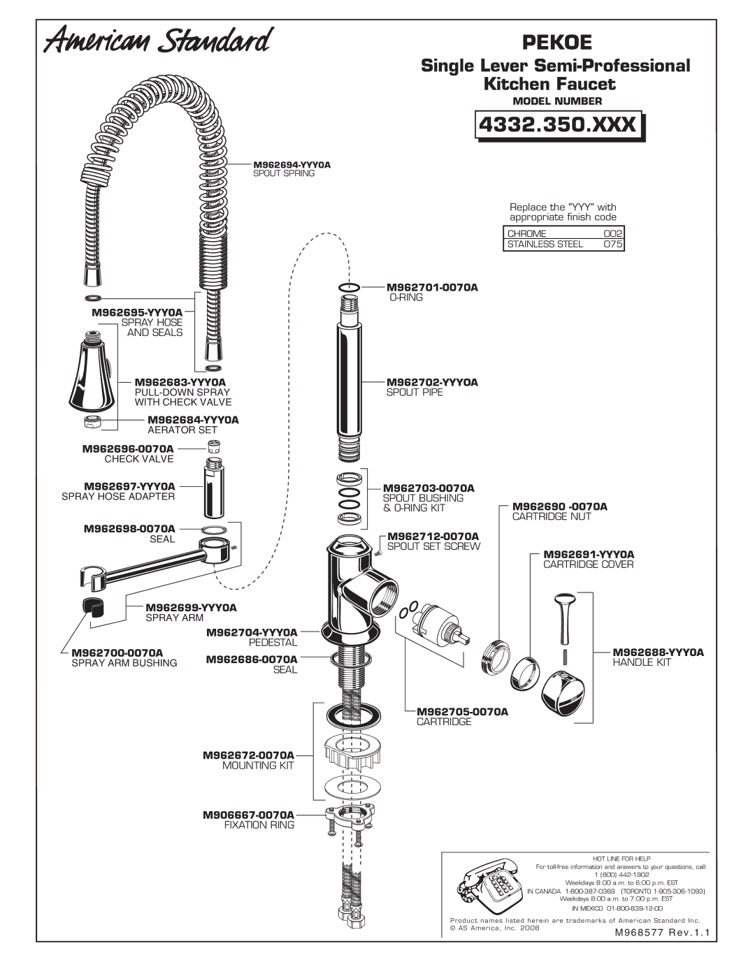 American Standard 4332.350.XXX installation instructions Single Lever Semi-Professional Kitchen Faucet 