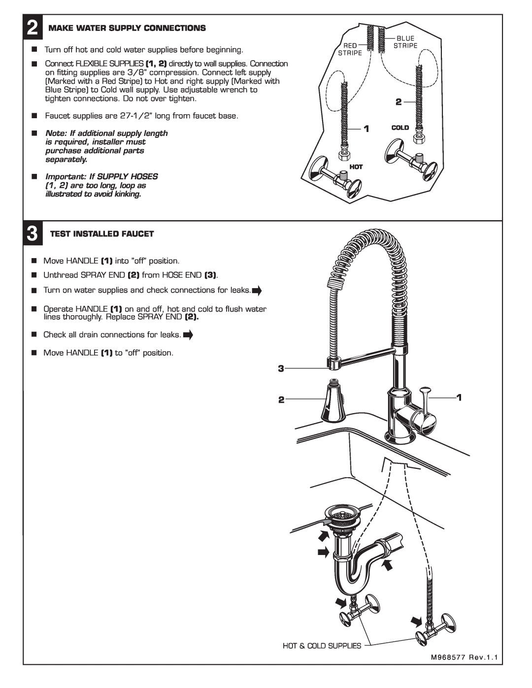 American Standard 4332.350.XXX installation instructions Make Water Supply Connections, Test Installed Faucet 
