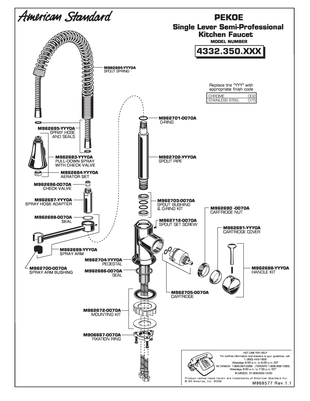 American Standard 4332.350.XXX installation instructions Single Lever Semi-Professional Kitchen Faucet, Pekoe 