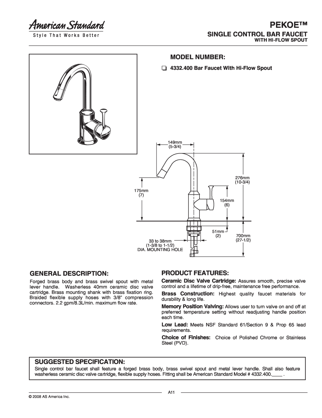 American Standard 4332.400 specifications Pekoe, Single Control Bar Faucet, Model Number, General Description 