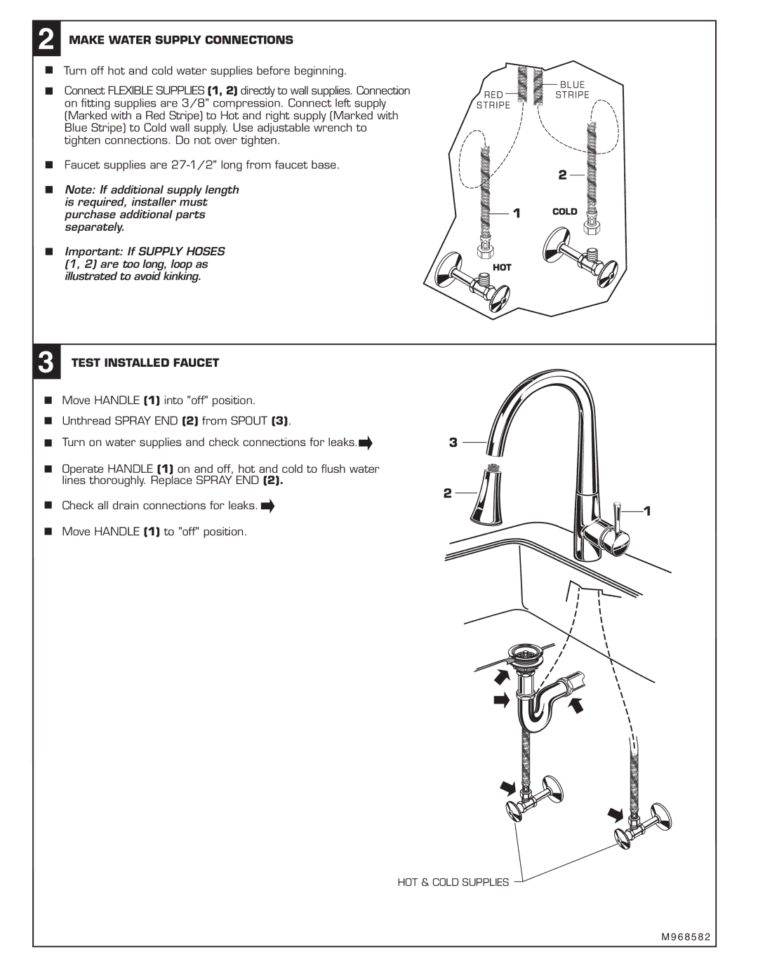 American Standard 4335.020.XXX installation instructions Make Water Supply Connections, Test Installed Faucet 