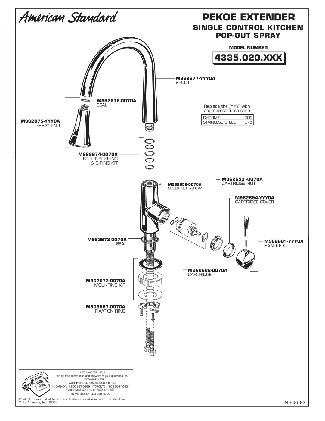 American Standard 4335.020.XXX installation instructions Single Control Kitchen POP-OUT Spray 