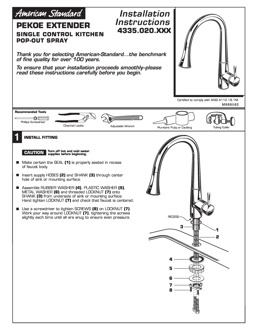 American Standard 4335.020.XXX installation instructions Pekoe Extender, Single Control Kitchen, Pop-Outspray 