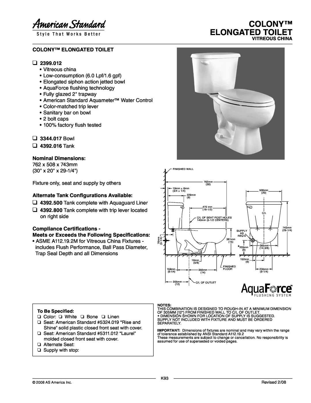 American Standard 2399.012 dimensions Colony Elongated Toilet, Bowl 4392.016 Tank, Alternate Tank Configurations Available 