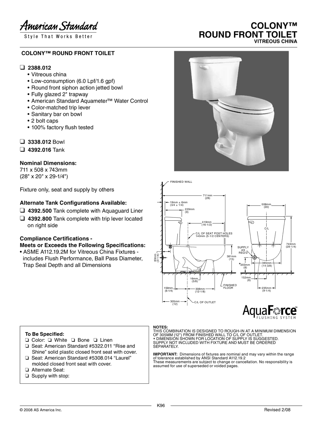 American Standard 2388.012 dimensions Colony Round Front Toilet, Alternate Tank Configurations Available, To Be Specified 