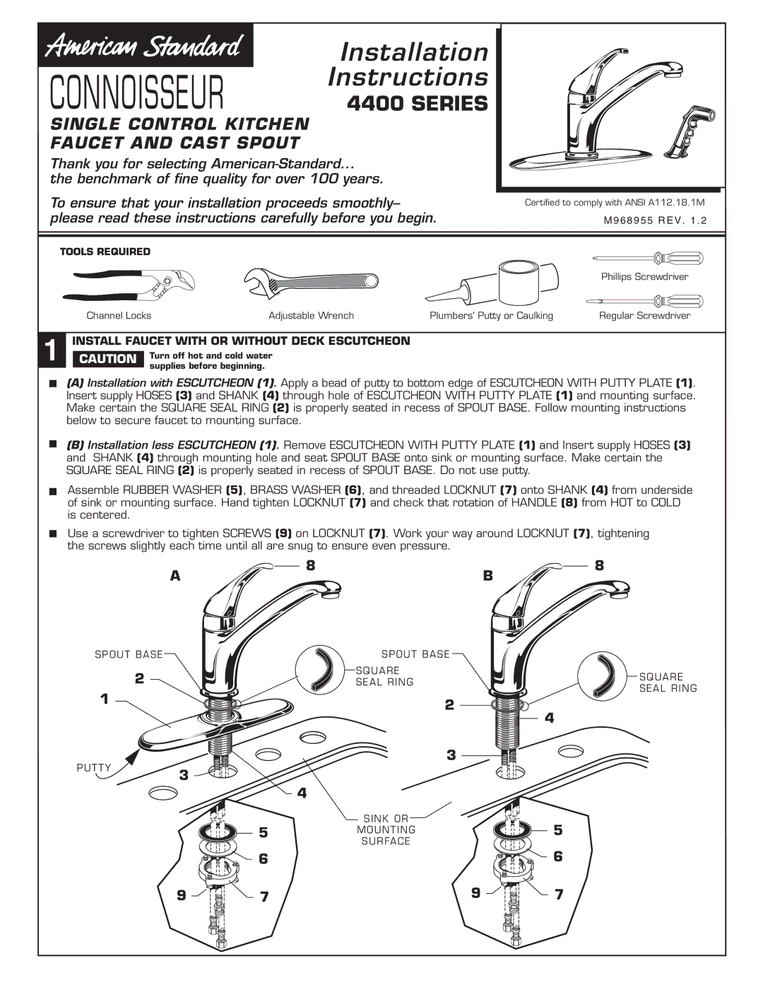 American Standard 4400 SERIES installation instructions Connoisseur, Install Faucet with or Without Deck Escutcheon 