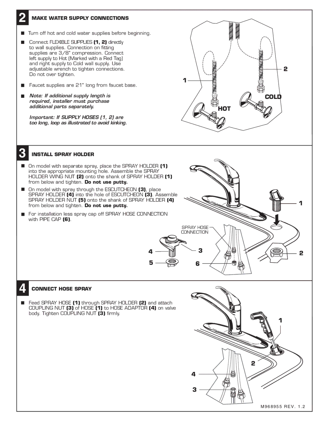 American Standard 4400 SERIES installation instructions Connect Hose Spray, Make Water Supply Connections 