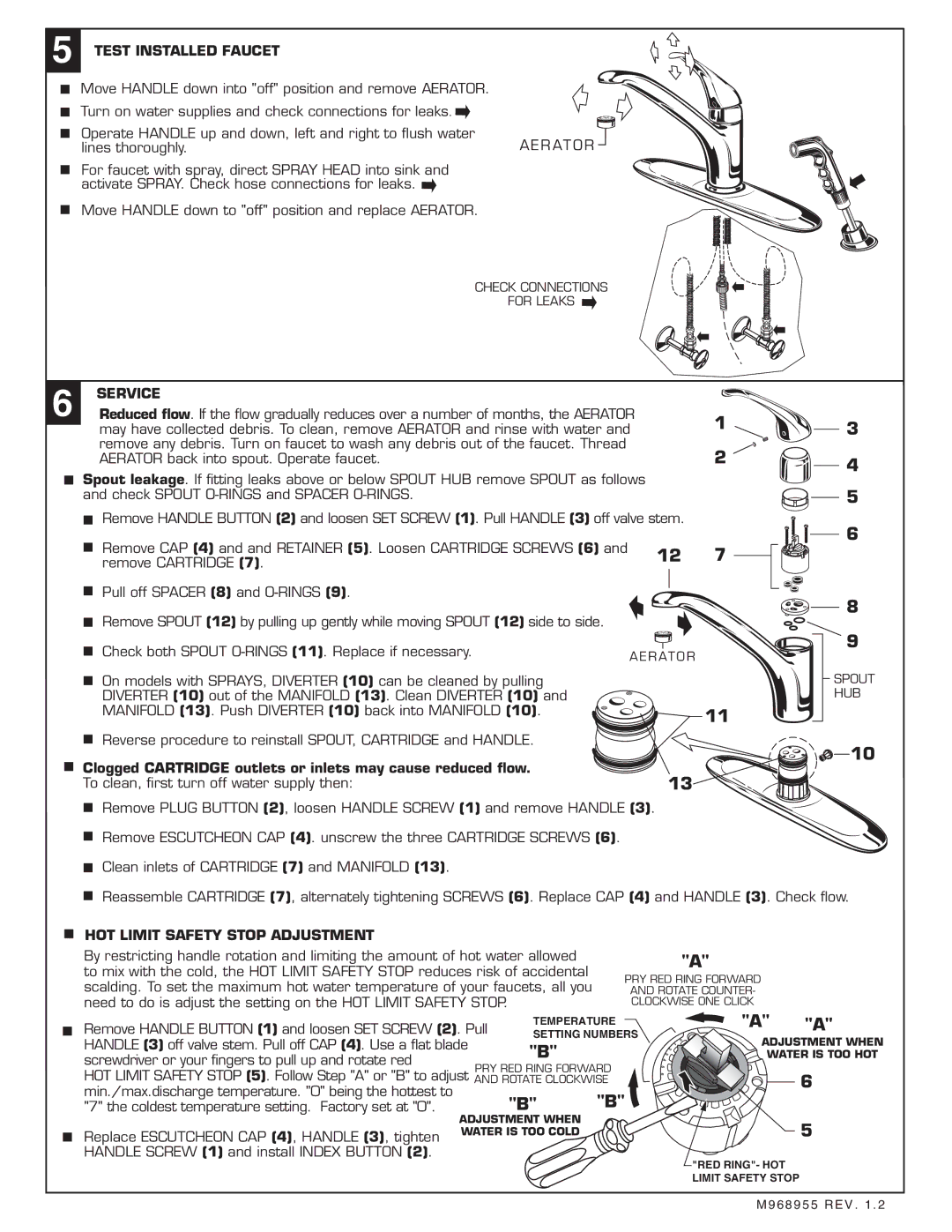 American Standard 4400 SERIES installation instructions Test Installed Faucet, HOT Limit Safety Stop Adjustment 