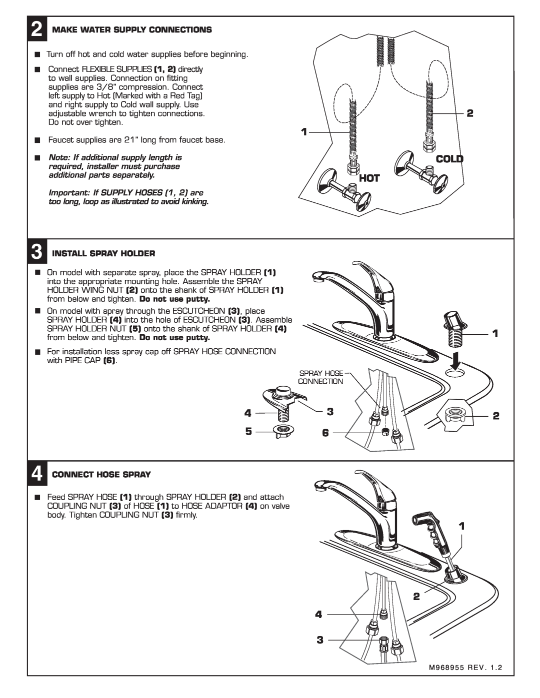 American Standard 4400 SERIES installation instructions Connect Hose Spray, Spray Hose Connection, M968955 REV 