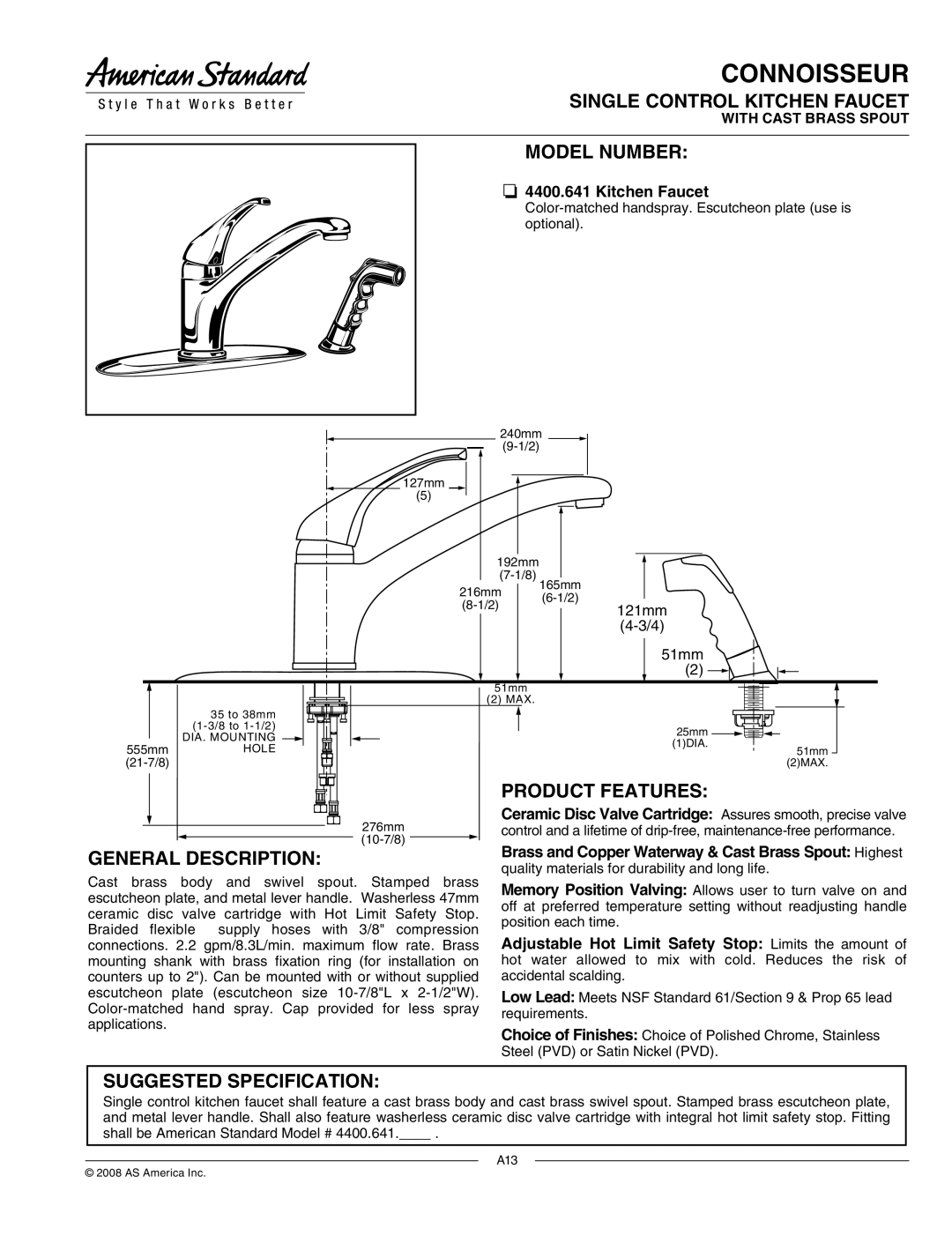 American Standard 4400.641 specifications Connoisseur 