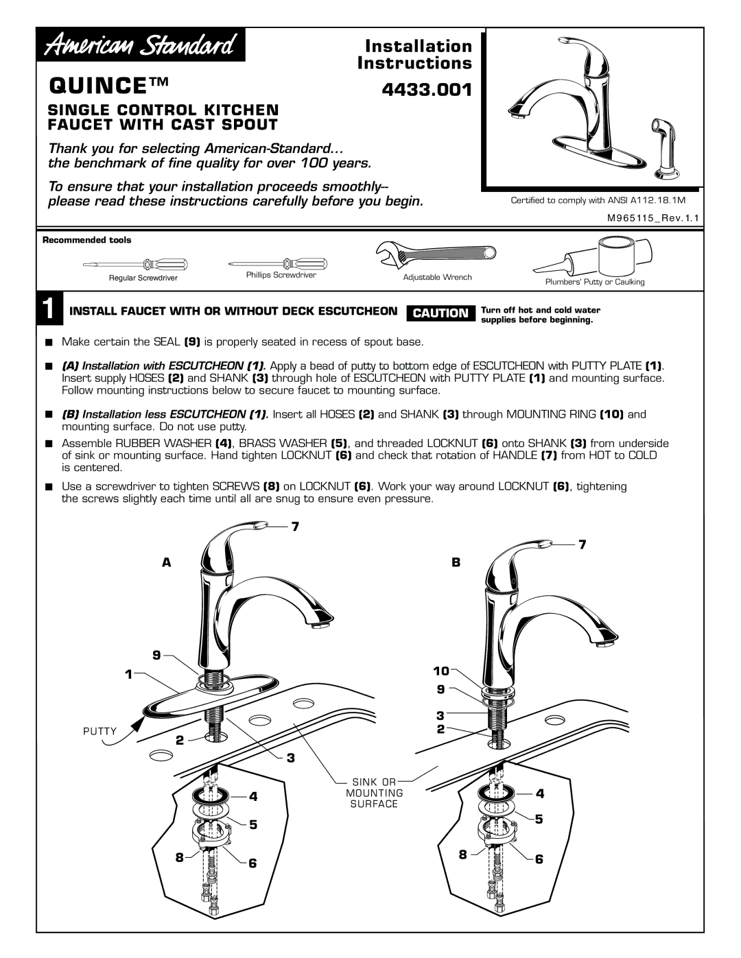 American Standard installation instructions QUINCE4433.001, Install Faucet with or Without Deck Escutcheon Caution 