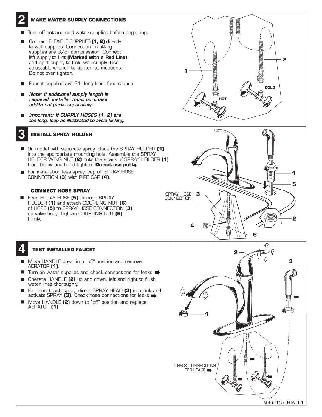 American Standard 4433.001 Make Water Supply Connections, Left supply to Hot Marked with a Red Line, Install Spray Holder 