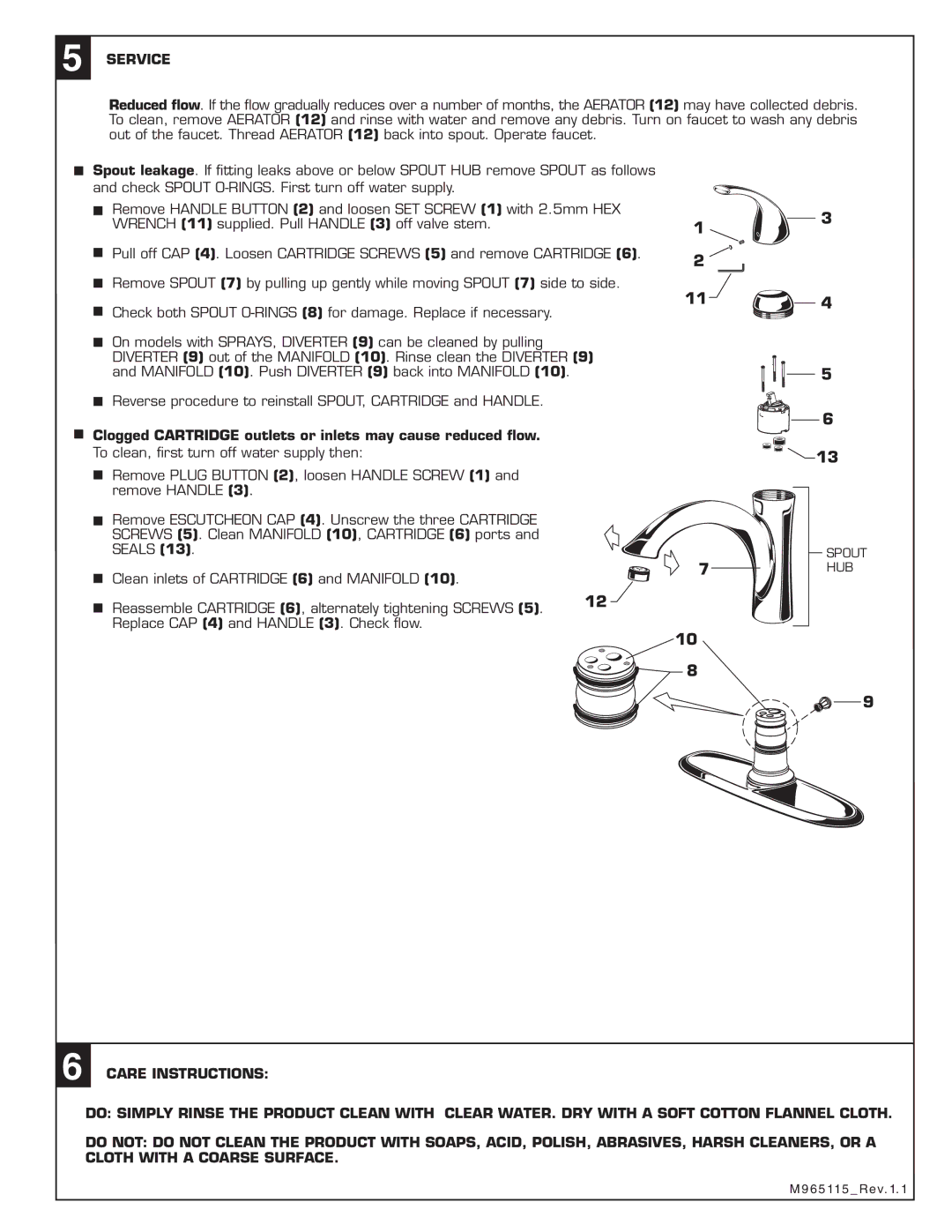 American Standard 4433.001 installation instructions Service, Clogged Cartridge outlets or inlets may cause reduced ﬂow 