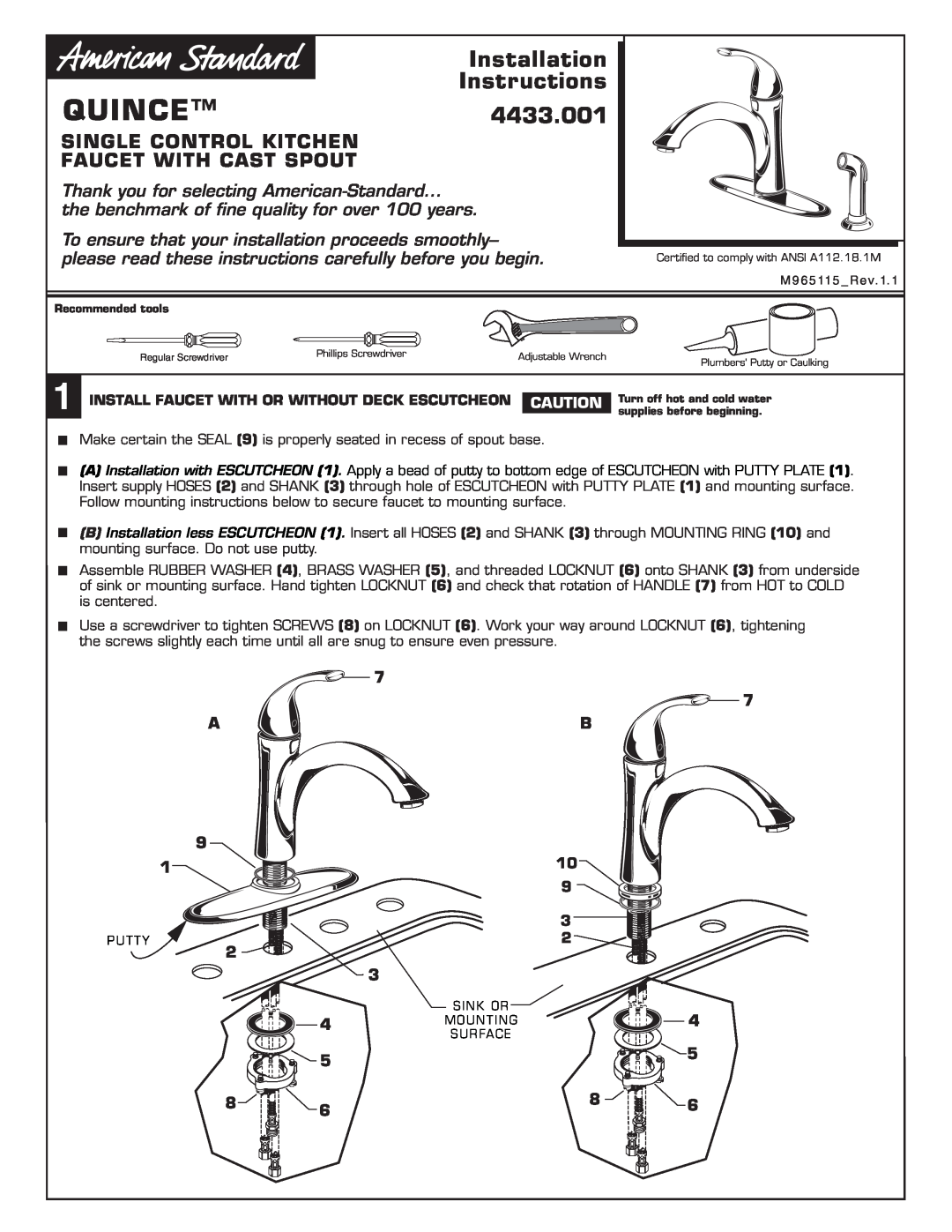 American Standard 4433.001 installation instructions Install Faucet With Or Without Deck Escutcheon Caution 
