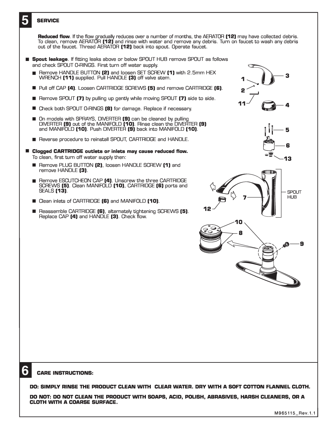 American Standard 4433.001 Service, Clogged CARTRIDGE outlets or inlets may cause reduced ﬂow, Care Instructions 